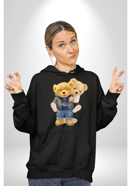 Tatlı Sevgililer Günü Oyuncak Ayı Kadın Erkek Baskılı Üç Iplik Siyah Kapüşonlu Hodie Sweatshirt fırsatları