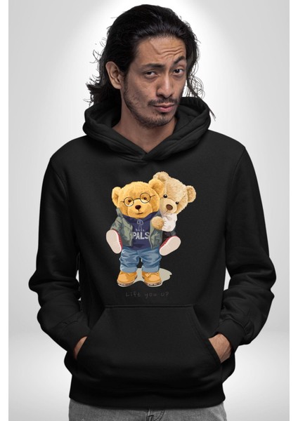 Tatlı Sevgililer Günü Oyuncak Ayı Kadın Erkek Baskılı Üç Iplik Siyah Kapüşonlu Hodie Sweatshirt indirimleri