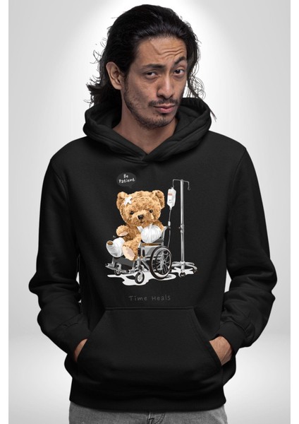 Zaman Oyuncak Ayı Kadın Erkek Baskılı Üç Iplik Siyah Kapüşonlu Hodie Sweatshirt fiyatları