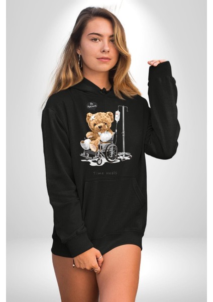 Zaman Oyuncak Ayı Kadın Erkek Baskılı Üç Iplik Siyah Kapüşonlu Hodie Sweatshirt fırsatları