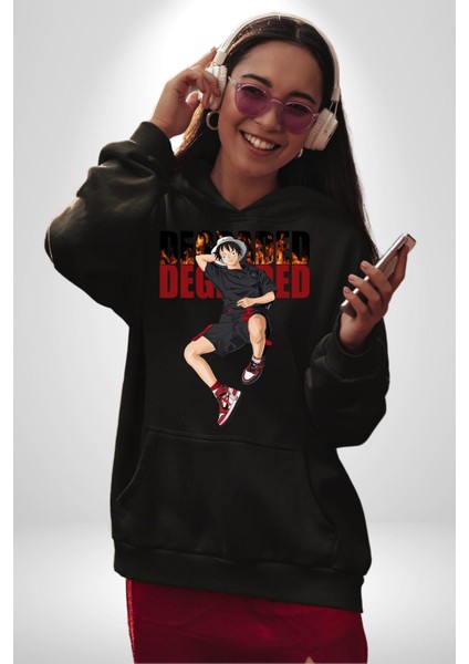 Monkey D Luffy Sokak Tarzı Kadın Erkek Baskılı Üç Iplik Siyah Kapüşonlu Hodie Sweatshirt fiyatları