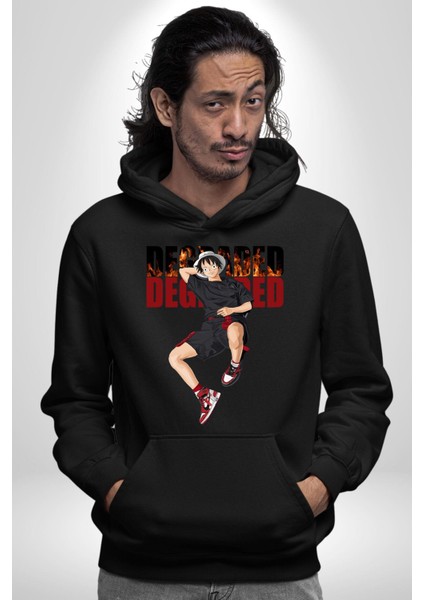 Monkey D Luffy Sokak Tarzı Kadın Erkek Baskılı Üç Iplik Siyah Kapüşonlu Hodie Sweatshirt fırsatları