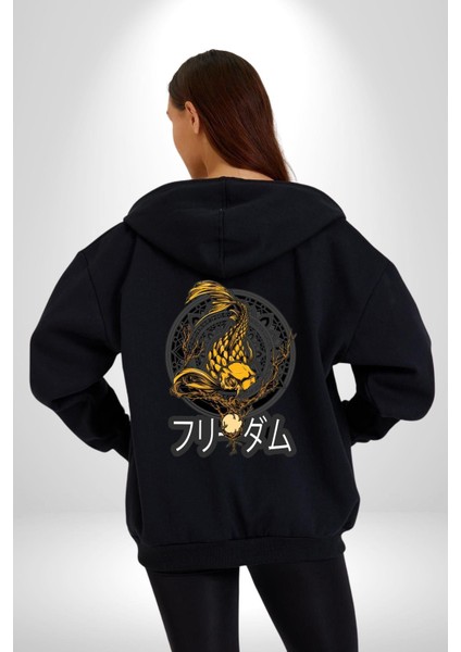 Koi Balığı Japon Efsanesi Kadın Erkek Baskılı Fermuarlı Kapüşonlu Hırka Sweatshirt indirimleri