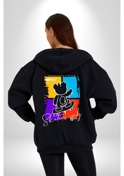 Rengarenk Kaykaylı Oyuncak Ayı Kadın Erkek Baskılı Fermuarlı Kapüşonlu Hırka Sweatshirt indirimleri