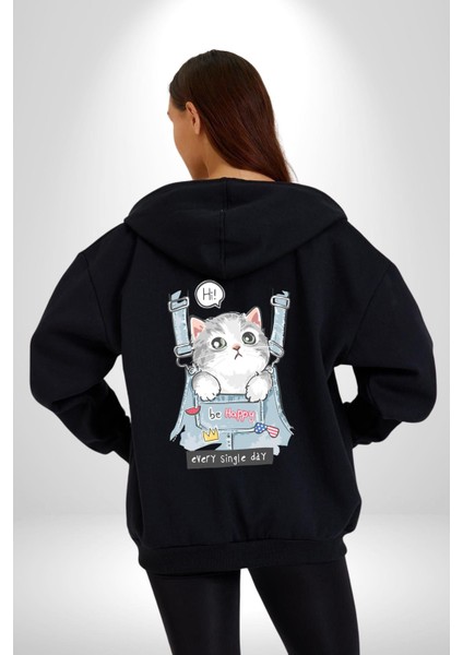 Yavru Kedi Her Yalnız Gün Kadın Erkek Baskılı Fermuarlı Kapüşonlu Hırka Sweatshirt modelleri