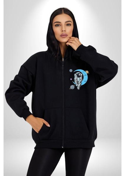 Uzay Ay Içinde Oturan Astronot Kadın Erkek Baskılı Fermuarlı Kapüşonlu Hırka Sweatshirt