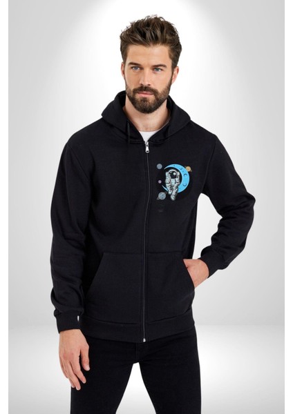 Uzay Ay Içinde Oturan Astronot Kadın Erkek Baskılı Fermuarlı Kapüşonlu Hırka Sweatshirt fiyatları