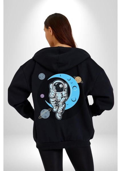 Uzay Ay Içinde Oturan Astronot Kadın Erkek Baskılı Fermuarlı Kapüşonlu Hırka Sweatshirt modelleri