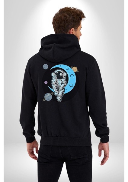 Uzay Ay Içinde Oturan Astronot Kadın Erkek Baskılı Fermuarlı Kapüşonlu Hırka Sweatshirt indirimleri