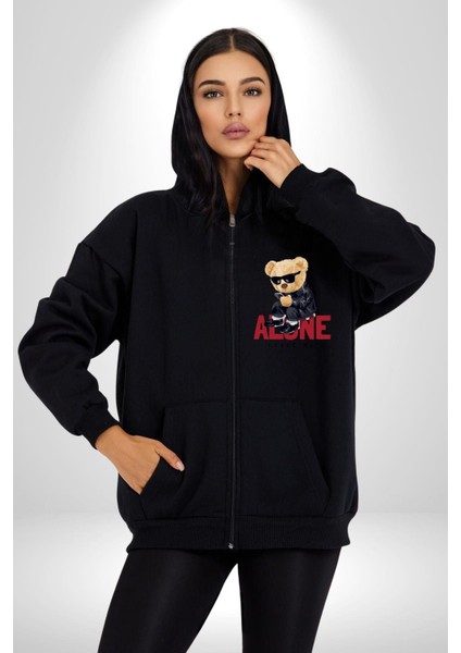 Yalnız ve Havalı Oyuncak Ayı Kadın Erkek Baskılı Fermuarlı Kapüşonlu Hırka Sweatshirt fırsatları