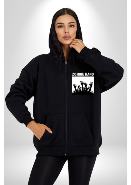 Zombi Elleri Logo Kadın Erkek Baskılı Fermuarlı Kapüşonlu Hırka Sweatshirt