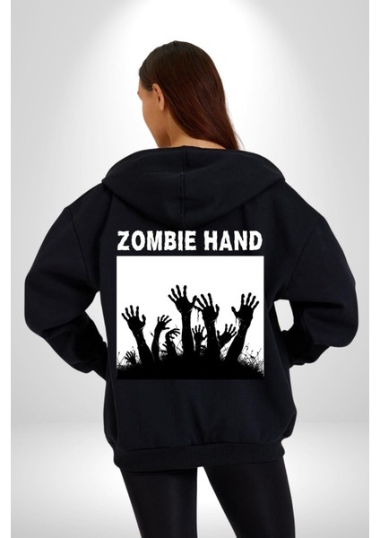 Zombi Elleri Logo Kadın Erkek Baskılı Fermuarlı Kapüşonlu Hırka Sweatshirt