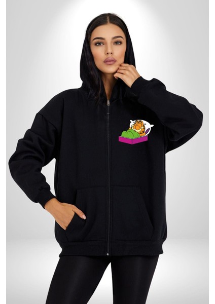 Uyuyan Kedi Efsanevi Garfield Kadın Erkek Baskılı Fermuarlı Kapüşonlu Hırka Sweatshirt