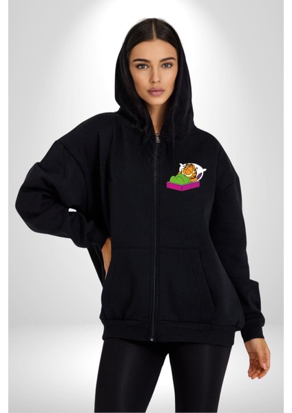 Uyuyan Kedi Efsanevi Garfield Kadın Erkek Baskılı Fermuarlı Kapüşonlu Hırka Sweatshirt