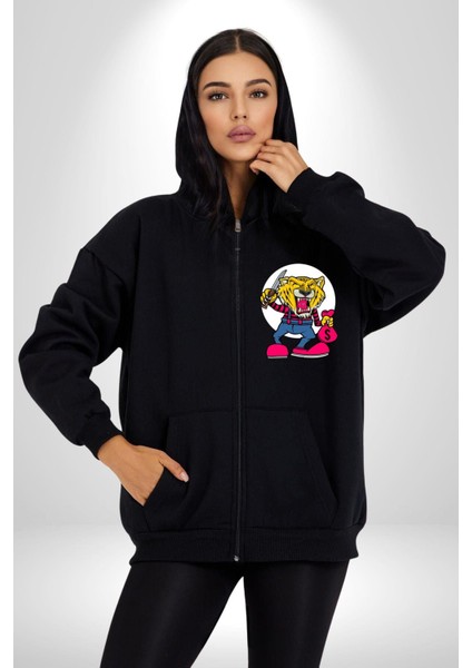 Gaspçı Kaplan Para Tutan Kadın Erkek Baskılı Fermuarlı Kapüşonlu Hırka Sweatshirt