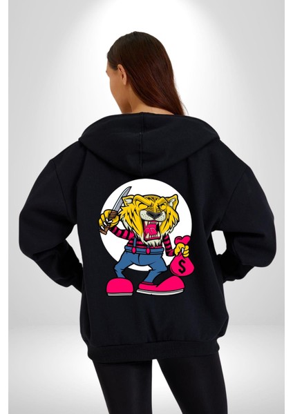 Gaspçı Kaplan Para Tutan Kadın Erkek Baskılı Fermuarlı Kapüşonlu Hırka Sweatshirt modelleri