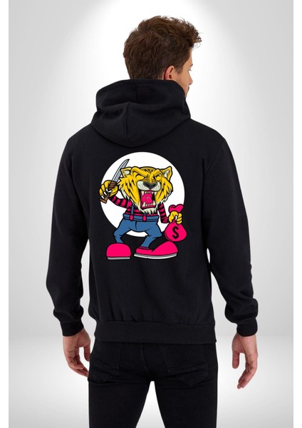 Gaspçı Kaplan Para Tutan Kadın Erkek Baskılı Fermuarlı Kapüşonlu Hırka Sweatshirt indirimleri