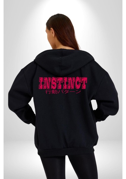 Içgüdü Japon Sade Yazı Kadın Erkek Baskılı Fermuarlı Kapüşonlu Hırka Sweatshirt indirimleri