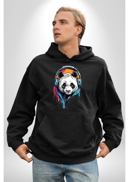 Kulaklıklı Tatlı Havalı Panda Kadın Erkek Baskılı Üç Iplik Siyah Kapüşonlu Hodie Sweatshirt