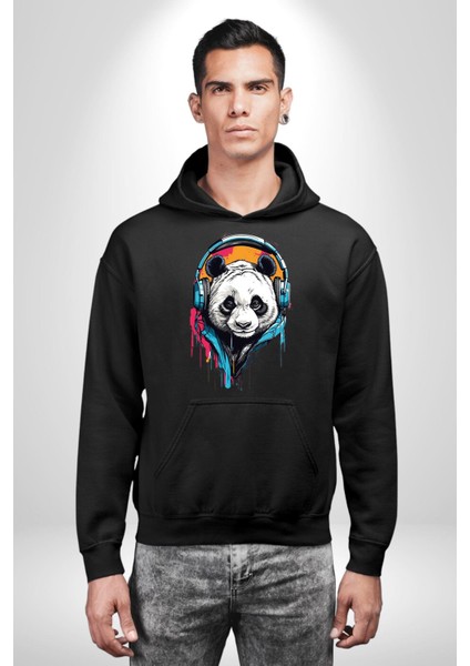 Kulaklıklı Tatlı Havalı Panda Kadın Erkek Baskılı Üç Iplik Siyah Kapüşonlu Hodie Sweatshirt fiyatları