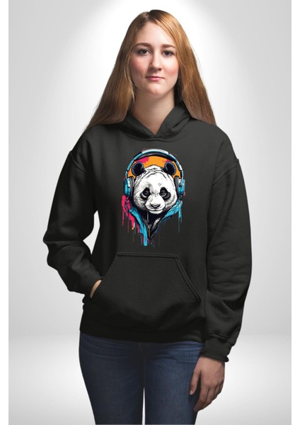 Kulaklıklı Tatlı Havalı Panda Kadın Erkek Baskılı Üç Iplik Siyah Kapüşonlu Hodie Sweatshirt modelleri