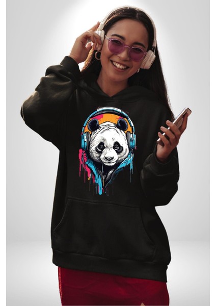 Kulaklıklı Tatlı Havalı Panda Kadın Erkek Baskılı Üç Iplik Siyah Kapüşonlu Hodie Sweatshirt fırsatları