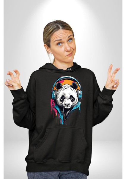 Kulaklıklı Tatlı Havalı Panda Kadın Erkek Baskılı Üç Iplik Siyah Kapüşonlu Hodie Sweatshirt indirimleri