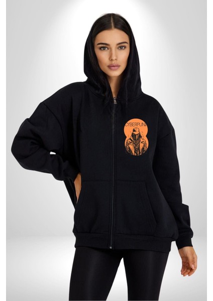 Cyberpunk Savaşçı Chyper Kadın Erkek Baskılı Fermuarlı Kapüşonlu Hırka Sweatshirt
