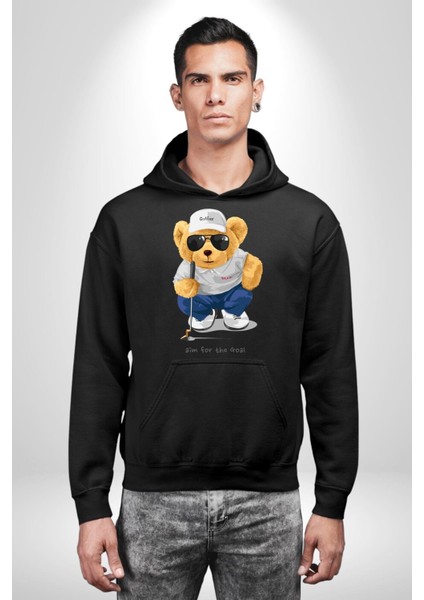 Hedefin Peşindeyim Golfçü Oyuncak Ayı Kadın Erkek Baskılı Üç Iplik Siyah Kapüşonlu Hodie Sweatshirt modelleri