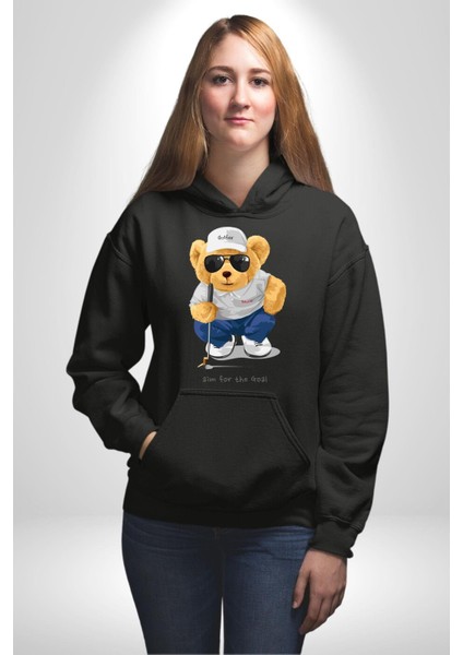 Hedefin Peşindeyim Golfçü Oyuncak Ayı Kadın Erkek Baskılı Üç Iplik Siyah Kapüşonlu Hodie Sweatshirt fırsatları