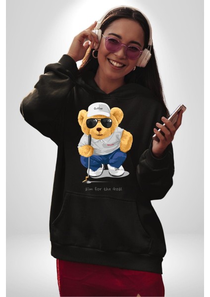 Hedefin Peşindeyim Golfçü Oyuncak Ayı Kadın Erkek Baskılı Üç Iplik Siyah Kapüşonlu Hodie Sweatshirt indirimleri