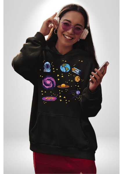 Uzay Evrensel Yıldızlar Gezegenler Kadın Erkek Baskılı Üç Iplik Siyah Kapüşonlu Hodie Sweatshirt fiyatları