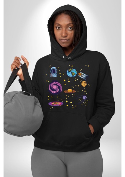 Uzay Evrensel Yıldızlar Gezegenler Kadın Erkek Baskılı Üç Iplik Siyah Kapüşonlu Hodie Sweatshirt indirimleri