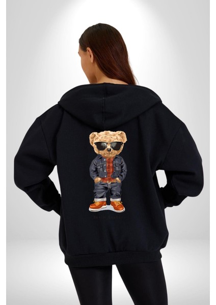 Havalı Oyuncak Ayı Kadın Erkek Baskılı Fermuarlı Kapüşonlu Hırka Sweatshirt
