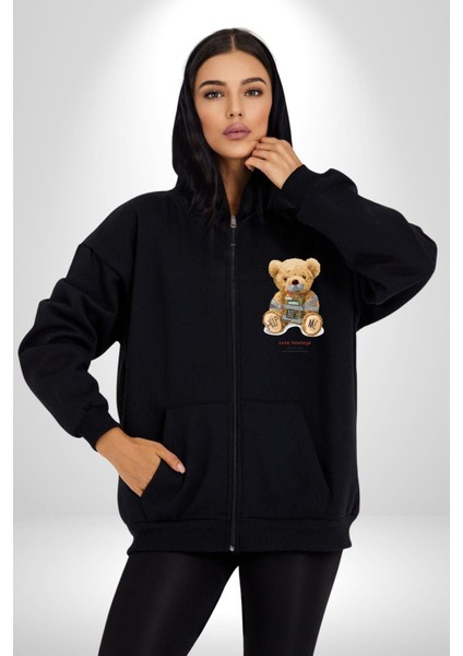 Tatlı Rehine Oyuncak Ayı Kadın Erkek Baskılı Fermuarlı Kapüşonlu Hırka Sweatshirt fırsatları