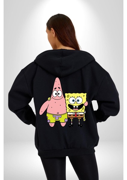 Süngerbob Karepantolon Patrick Kadın Erkek Baskılı Fermuarlı Kapüşonlu Hırka Sweatshirt