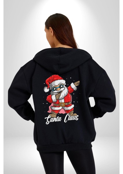 Dab Yapan Noel Baba Havalı Gözlüklü Kadın Erkek Baskılı Fermuarlı Kapüşonlu Hırka Sweatshirt