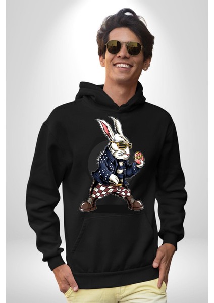 Havalı Deri Ceketli Tavşan Paskalya Kadın Erkek Baskılı Üç Iplik Siyah Kapüşonlu Hodie Sweatshirt