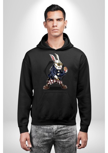 Havalı Deri Ceketli Tavşan Paskalya Kadın Erkek Baskılı Üç Iplik Siyah Kapüşonlu Hodie Sweatshirt fırsatları