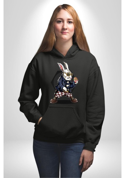 Havalı Deri Ceketli Tavşan Paskalya Kadın Erkek Baskılı Üç Iplik Siyah Kapüşonlu Hodie Sweatshirt indirimleri