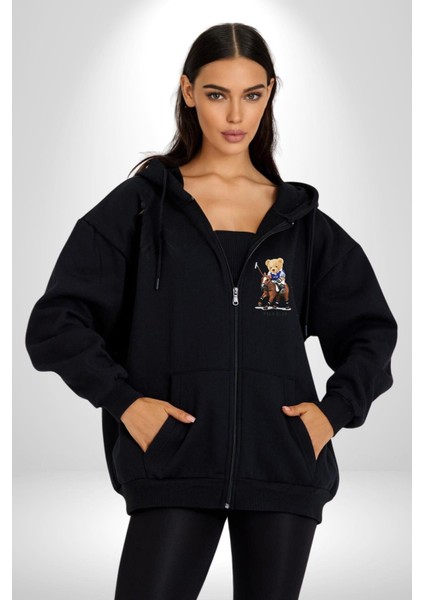 Jokey Tatlı Oyuncak Ayı Polo Kadın Erkek Baskılı Fermuarlı Kapüşonlu Hırka Sweatshirt