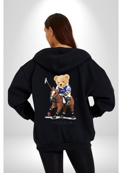 Jokey Tatlı Oyuncak Ayı Polo Kadın Erkek Baskılı Fermuarlı Kapüşonlu Hırka Sweatshirt