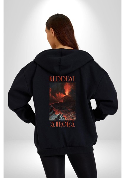 En Kırmızı Aura Yanardağ Kadın Erkek Baskılı Fermuarlı Kapüşonlu Hırka Sweatshirt indirimleri