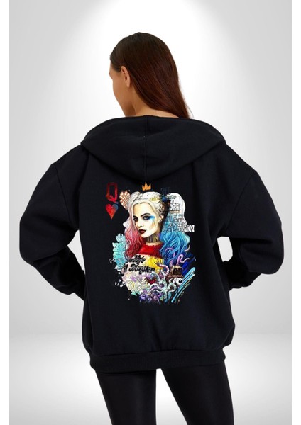 Harley Quinn Joker Kraliçe Poker Kart Kadın Erkek Baskılı Fermuarlı Kapüşonlu Hırka Sweatshirt