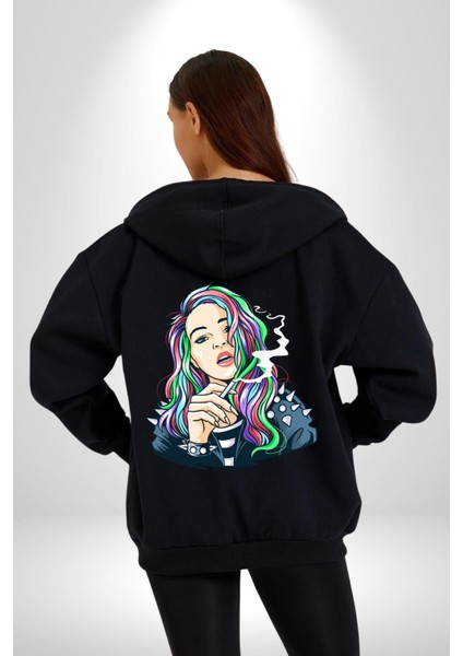 Havalı Deri Ceketli Renkli Saçlı Kız Kadın Erkek Baskılı Fermuarlı Kapüşonlu Hırka Sweatshirt