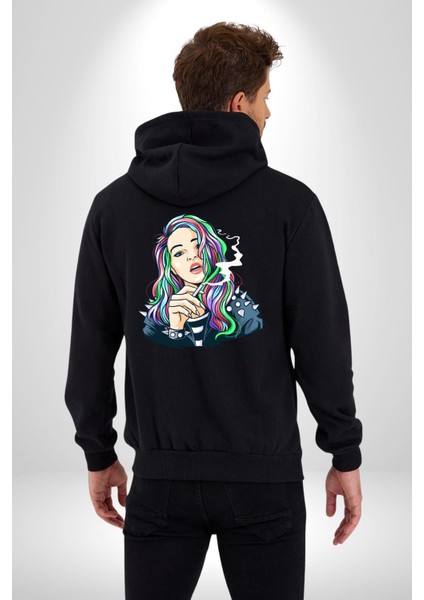 Havalı Deri Ceketli Renkli Saçlı Kız Kadın Erkek Baskılı Fermuarlı Kapüşonlu Hırka Sweatshirt