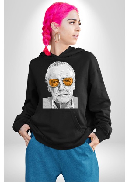 Stan Lee Founder Kadın Erkek Baskılı Üç Iplik Siyah Kapüşonlu Hodie Sweatshirt