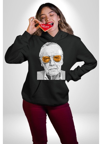 Stan Lee Founder Kadın Erkek Baskılı Üç Iplik Siyah Kapüşonlu Hodie Sweatshirt fırsatları