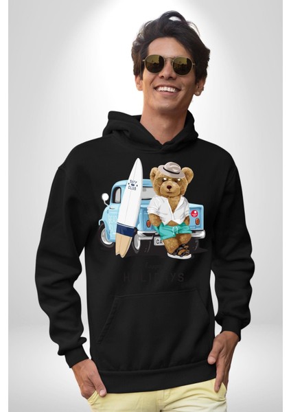 Sörfçü Arabalı Tatlı Oyuncak Ayı Kadın Erkek Baskılı Üç Iplik Siyah Kapüşonlu Hodie Sweatshirt