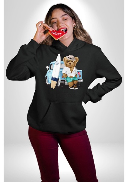 Sörfçü Arabalı Tatlı Oyuncak Ayı Kadın Erkek Baskılı Üç Iplik Siyah Kapüşonlu Hodie Sweatshirt fiyatları